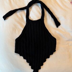 Black Ribbed Halter Crop Top - Women's Knit Tie-Back
